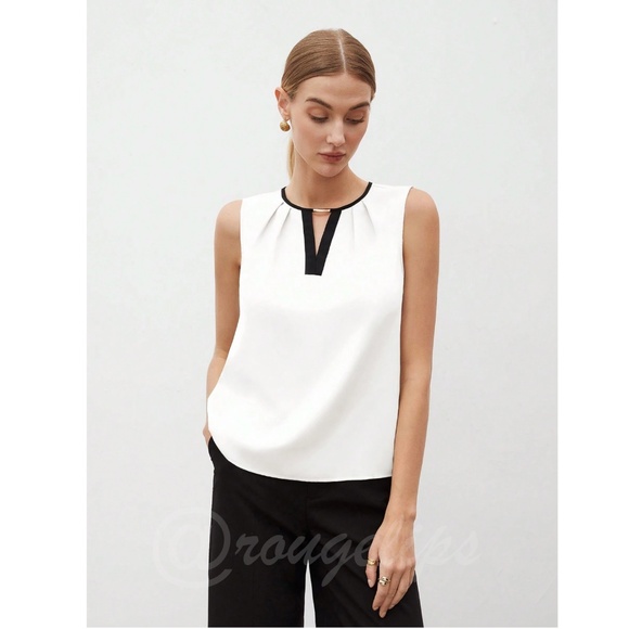 White Sleeveless Blouse Top Black V-Neck Trim Gold Embellishment Detail - Picture 7 of 11